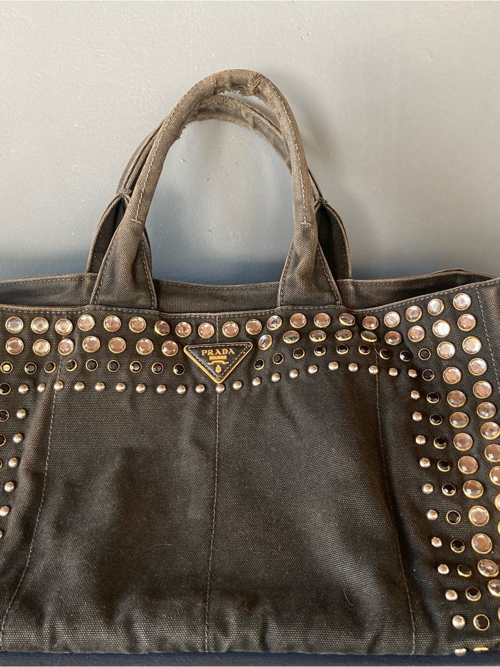 Prada Black Canvas Tote with Gold-Tone Studs